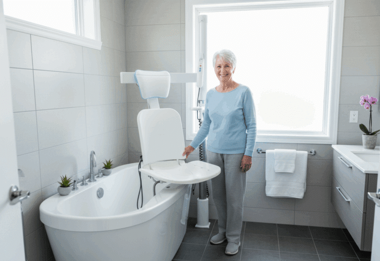 Handicap bathroom with automatic bath lift chair