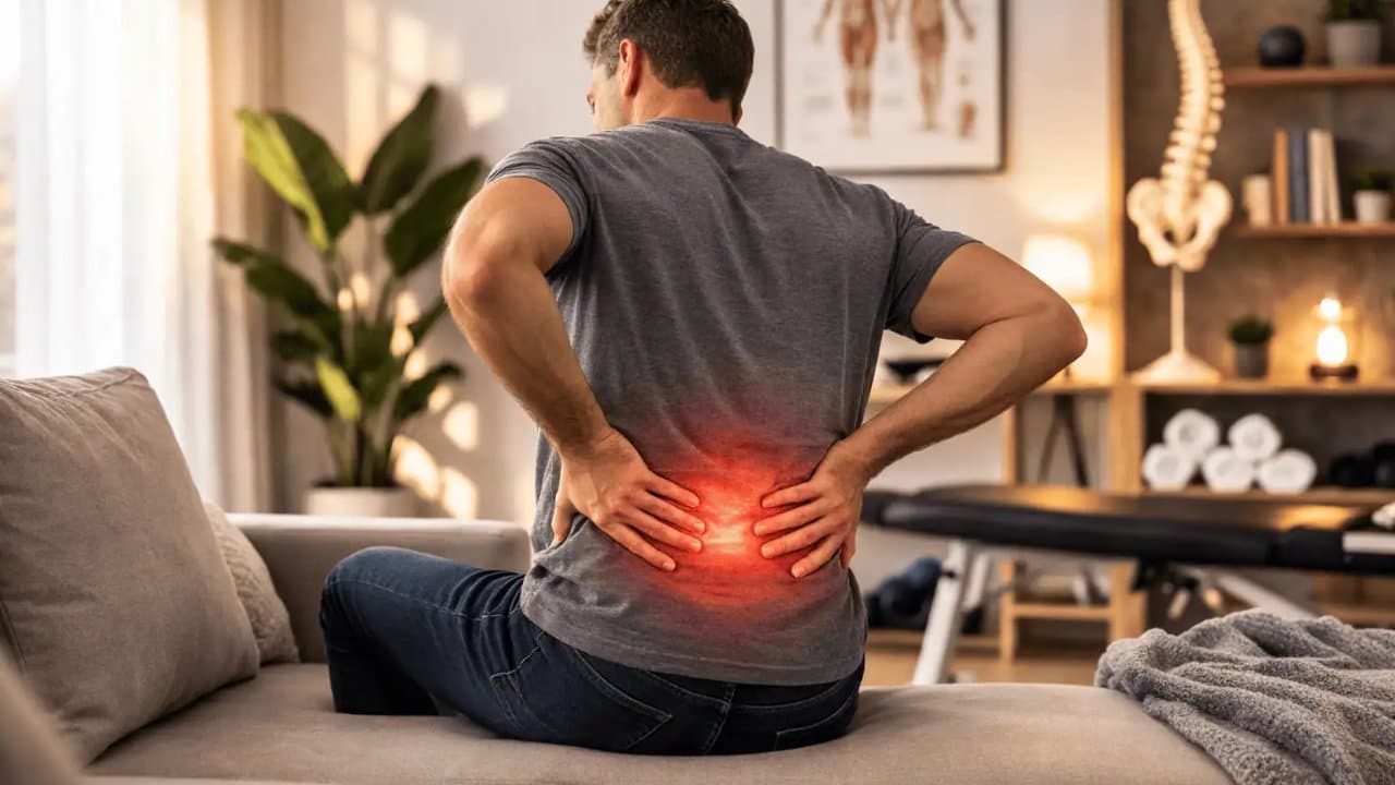 man with back pain on his couch